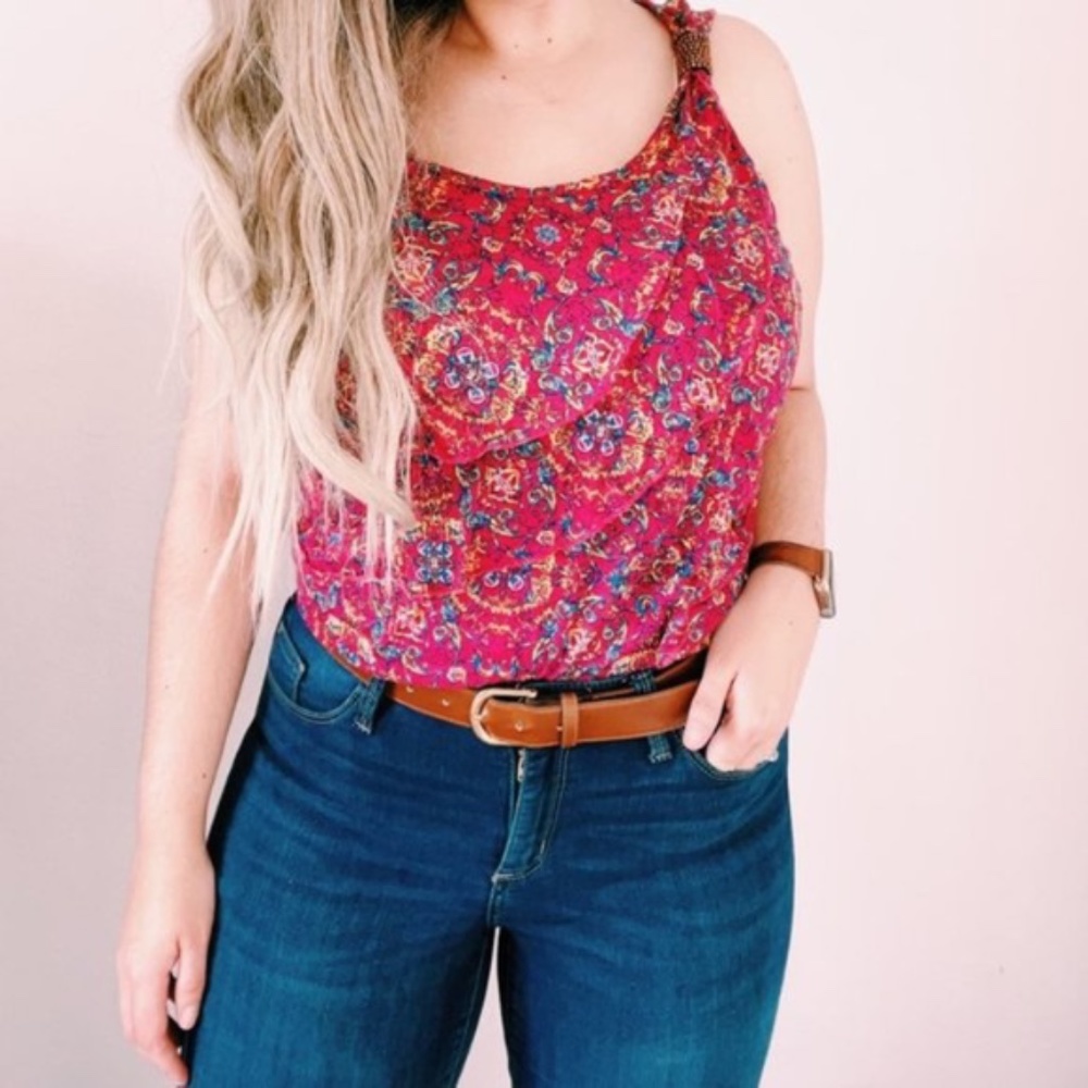 Beaded Boho Tiered Scoop Neck Tank Top Large